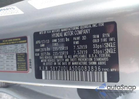 2013 Hyundai Santa Fe Sport 2.0T из США, поврежденный, VIN 5XYZUDLA5DG083836